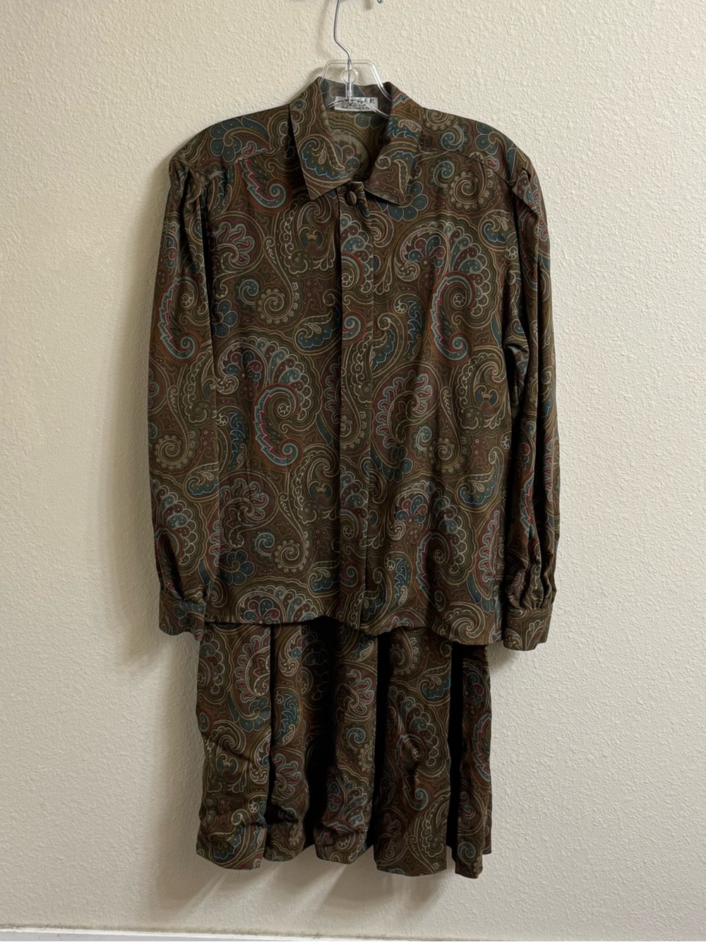 Vintage Jaeger Paisley Button-Up Blouse and Skirt Set in Olive Brown 100% Wool